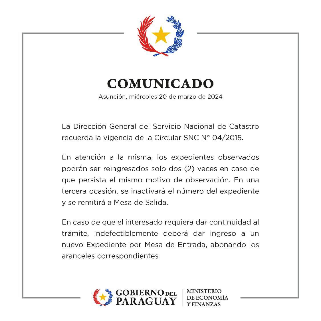 RECORDATORIO CIRCULAR SNC Nº 04/2015